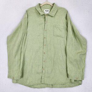 FLAX Shirt Mens Large Green Check Linen Button Front Long Sleeve Casual Top